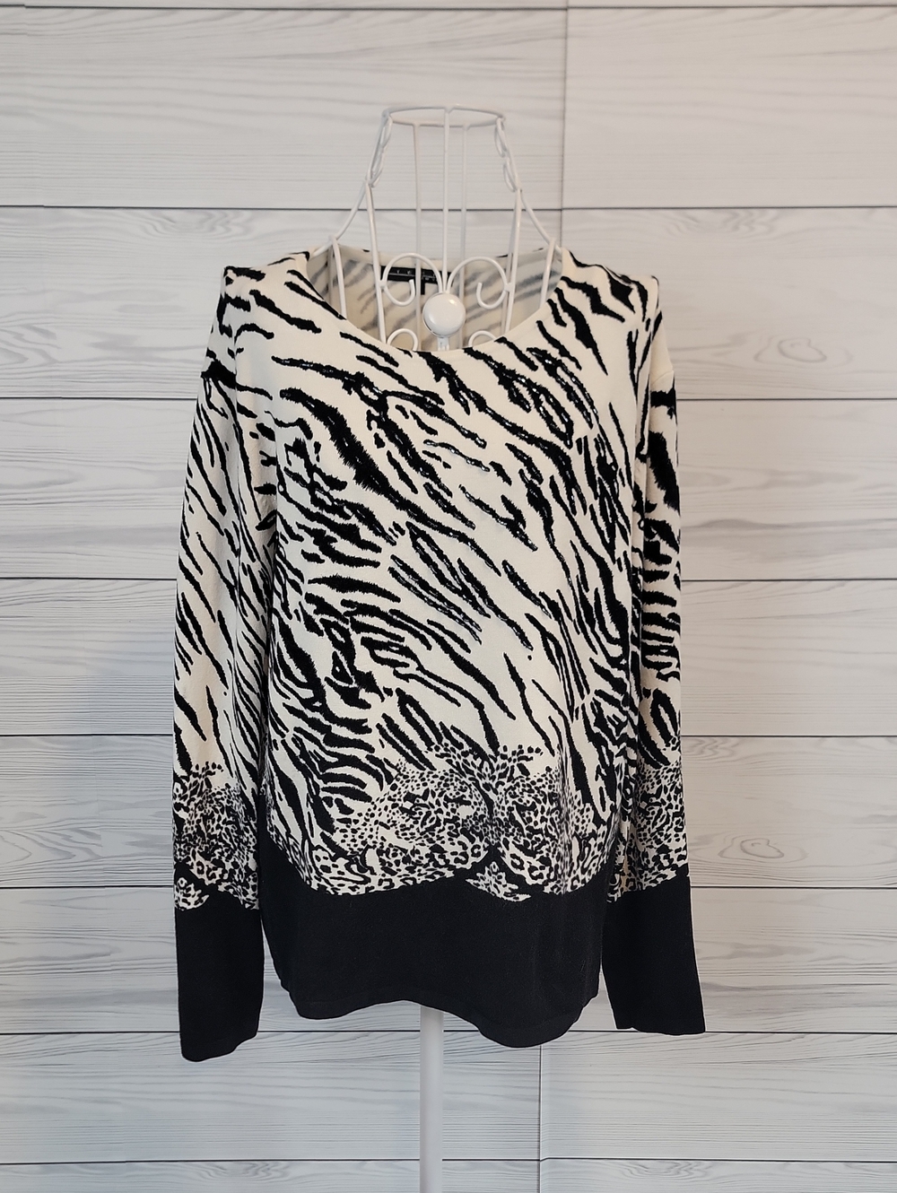 Pierri New York Black and White Animal-Print Scoop Neck Sweater